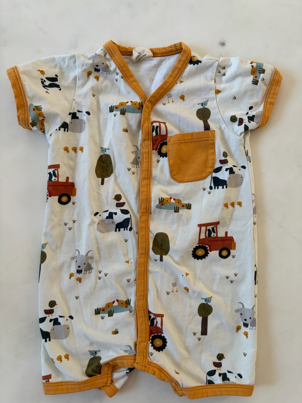 Kids Short-Sleeve Farm Animals Cotton Romper - Mustard Trim